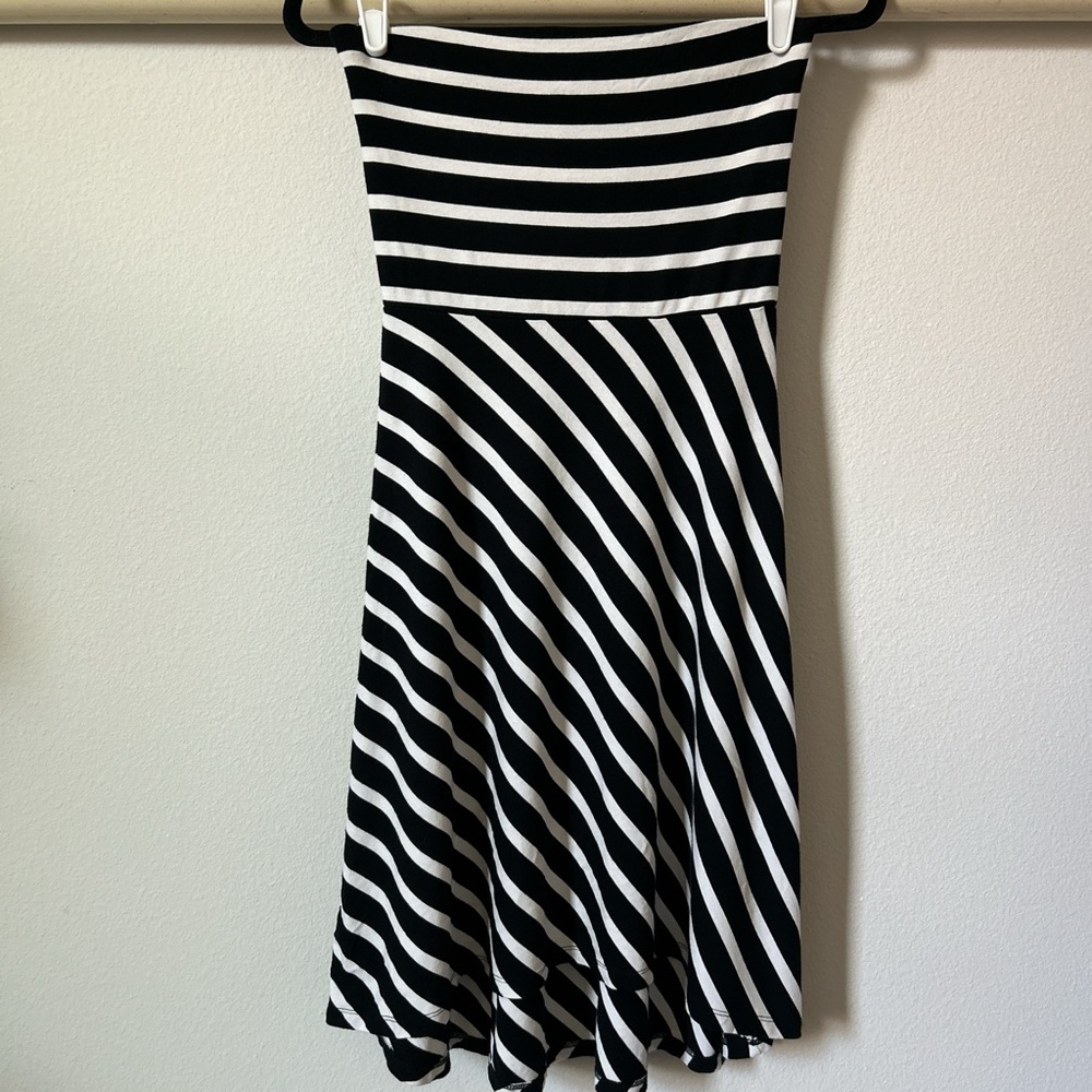 LOFT Petite Strapless Black and White Striped Dress